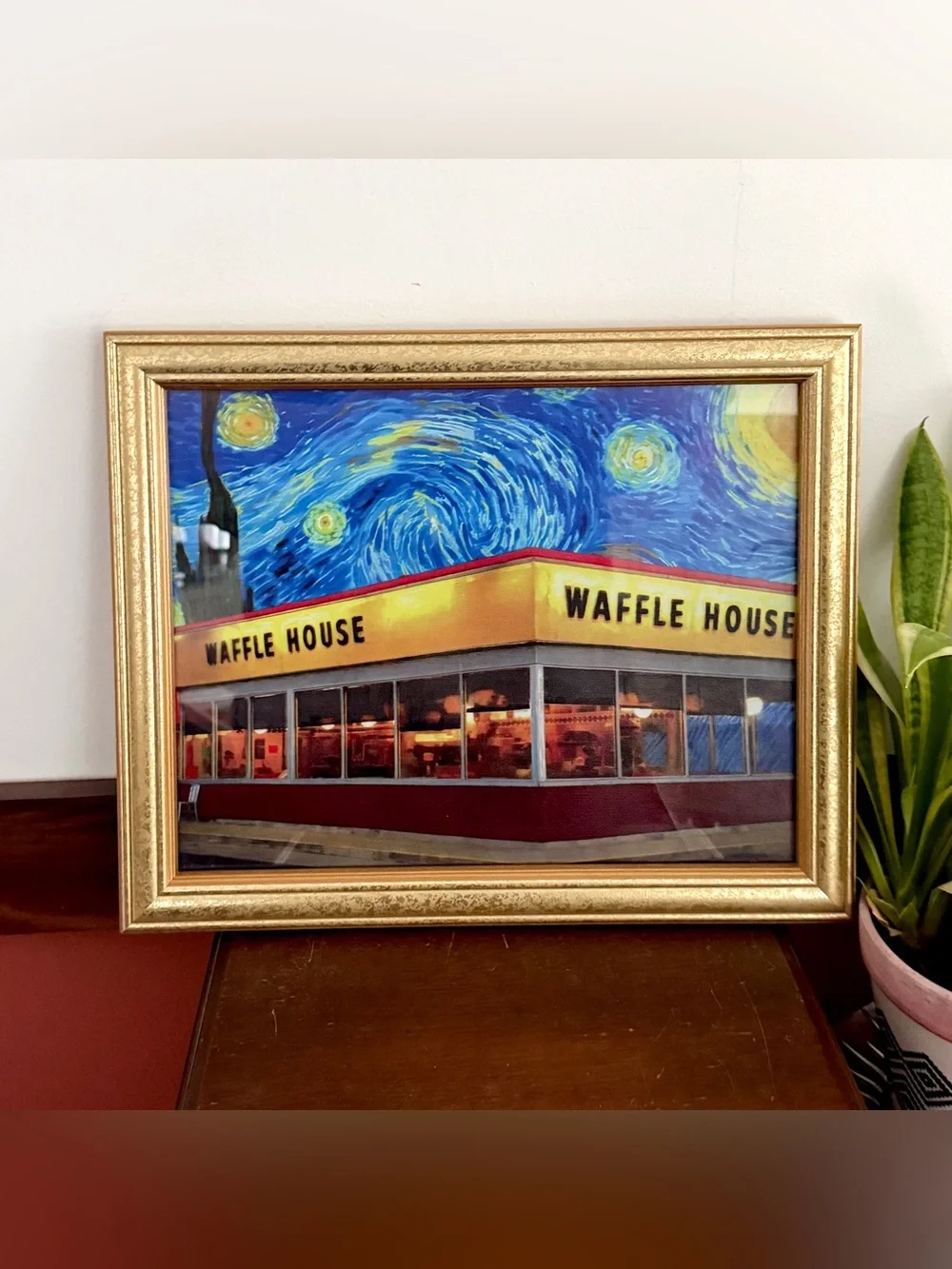 Waffle House Starry Night Canvas Art Print Vintage Style Gold Framed Wall Art